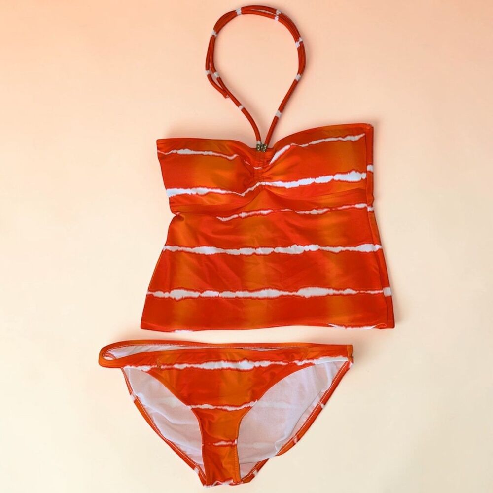 Ralph Lauren Tankini 2 Pc Swim Set LARGE Halter Orange Tye Dye Logo